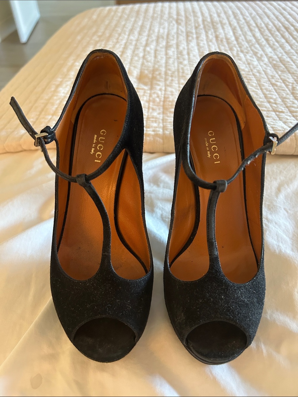 Gucci Black Suede T-Strap Peep-Toe Pumps with Ankle Buckle